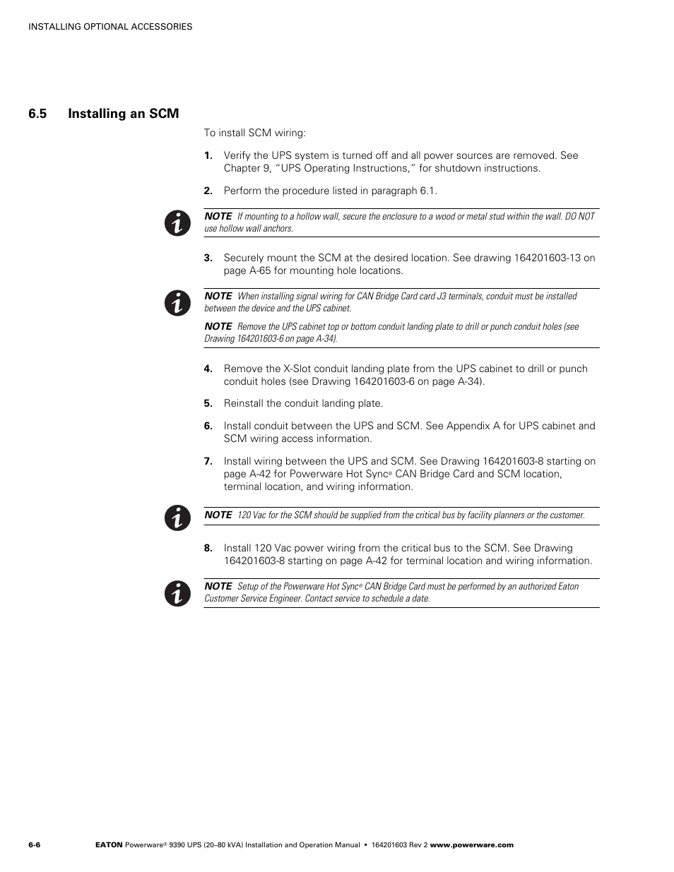 5 installing an scm, Installing a scm, Scm wiring (see paragraph 6.5) | Powerware 9390 UPS 100160 kVA User Manual | Page 48 / 216