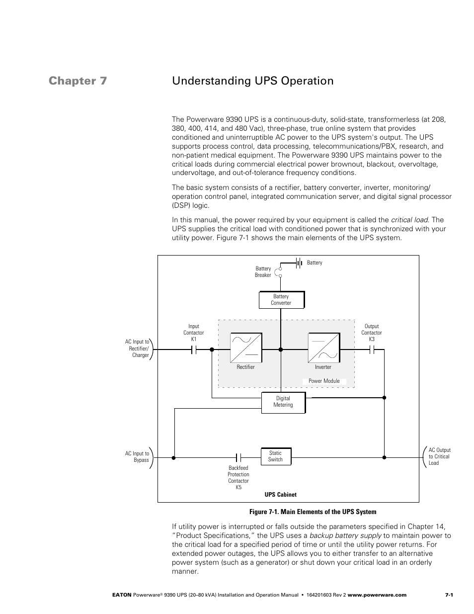 Chapter 7 understanding ups operation, Understanding ups operation, Figure 7‐1. main elements of the ups system | Powerware 9390 UPS 100160 kVA User Manual | Page 53 / 216
