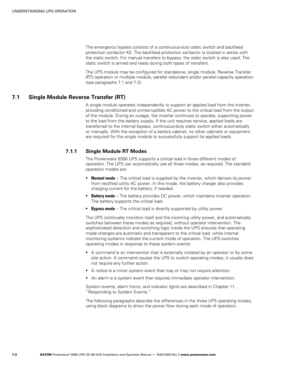 1 single module reverse transfer (rt), Single module rt modes, Single module reverse transfer (rt) | Powerware 9390 UPS 100160 kVA User Manual | Page 54 / 216
