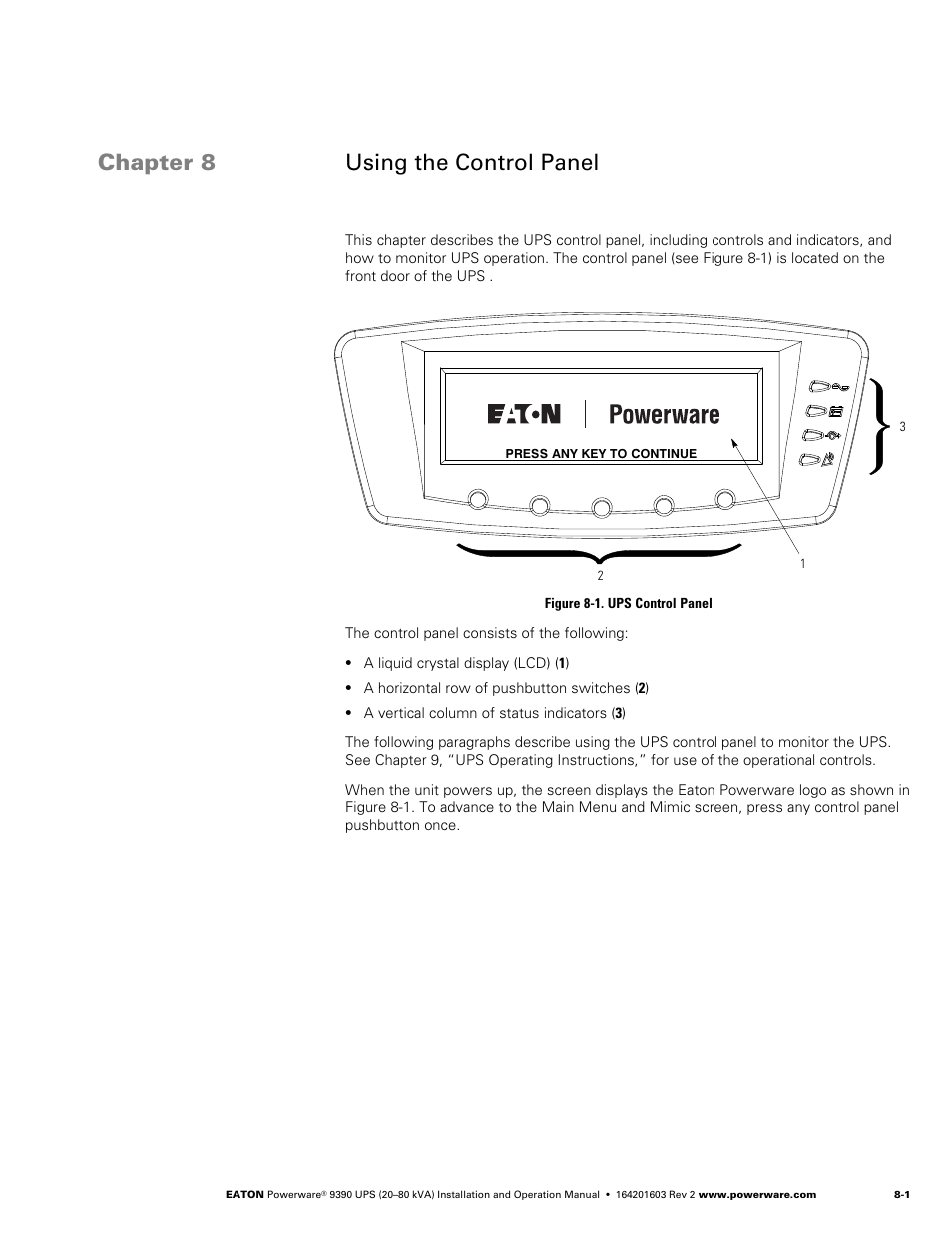 Chapter 8 using the control panel, Using the control panel, Figure 8‐1. ups control panel | Powerware 9390 UPS 100160 kVA User Manual | Page 67 / 216