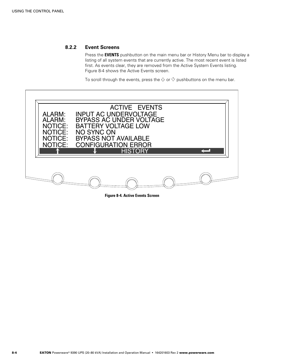 Event screens, Figure 8‐4. active events screen | Powerware 9390 UPS 100160 kVA User Manual | Page 70 / 216