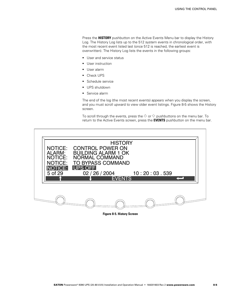 Figure 8‐5. history screen | Powerware 9390 UPS 100160 kVA User Manual | Page 71 / 216