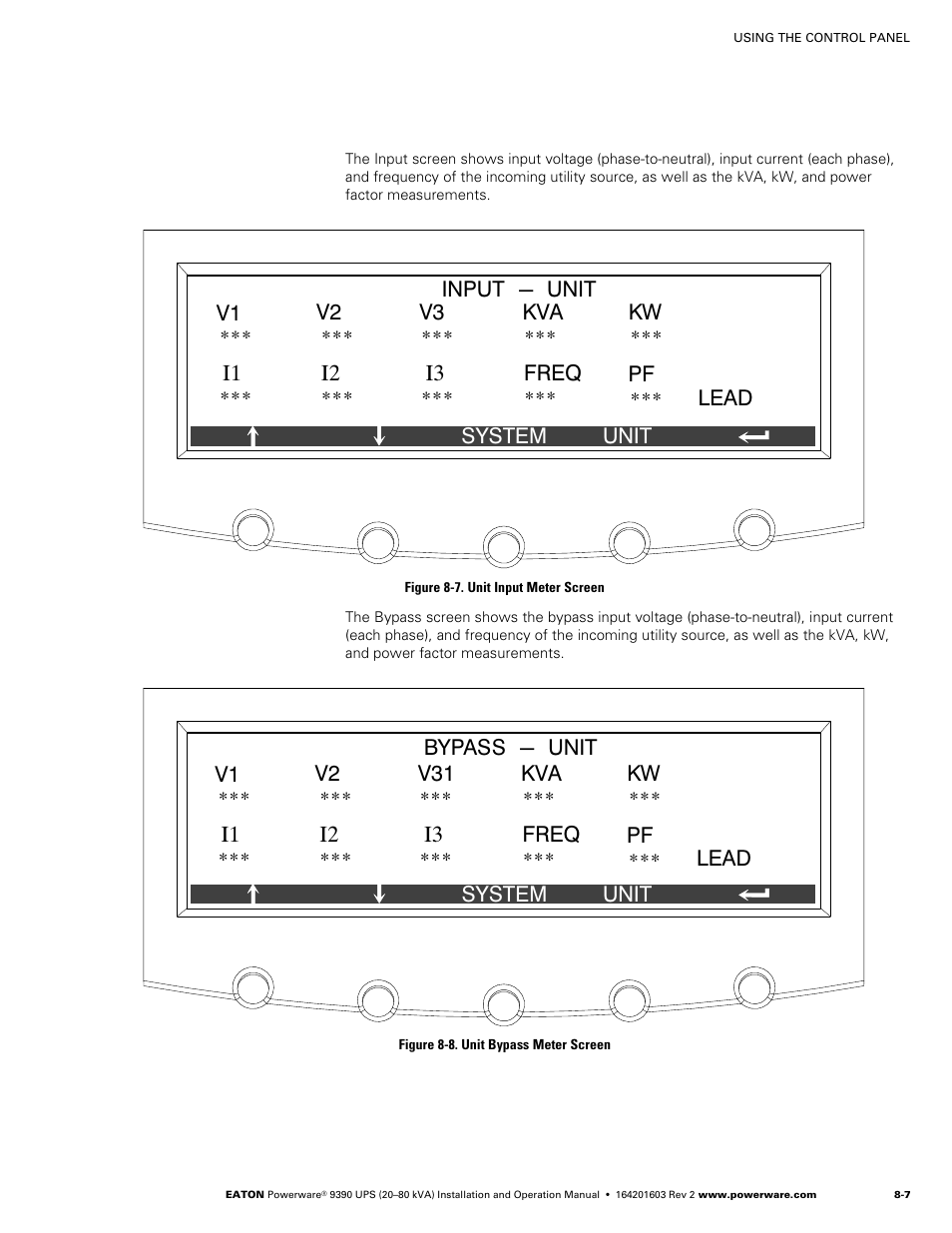 Figure 8‐7. unit input meter screen, Figure 8‐8. unit bypass meter screen | Powerware 9390 UPS 100160 kVA User Manual | Page 73 / 216