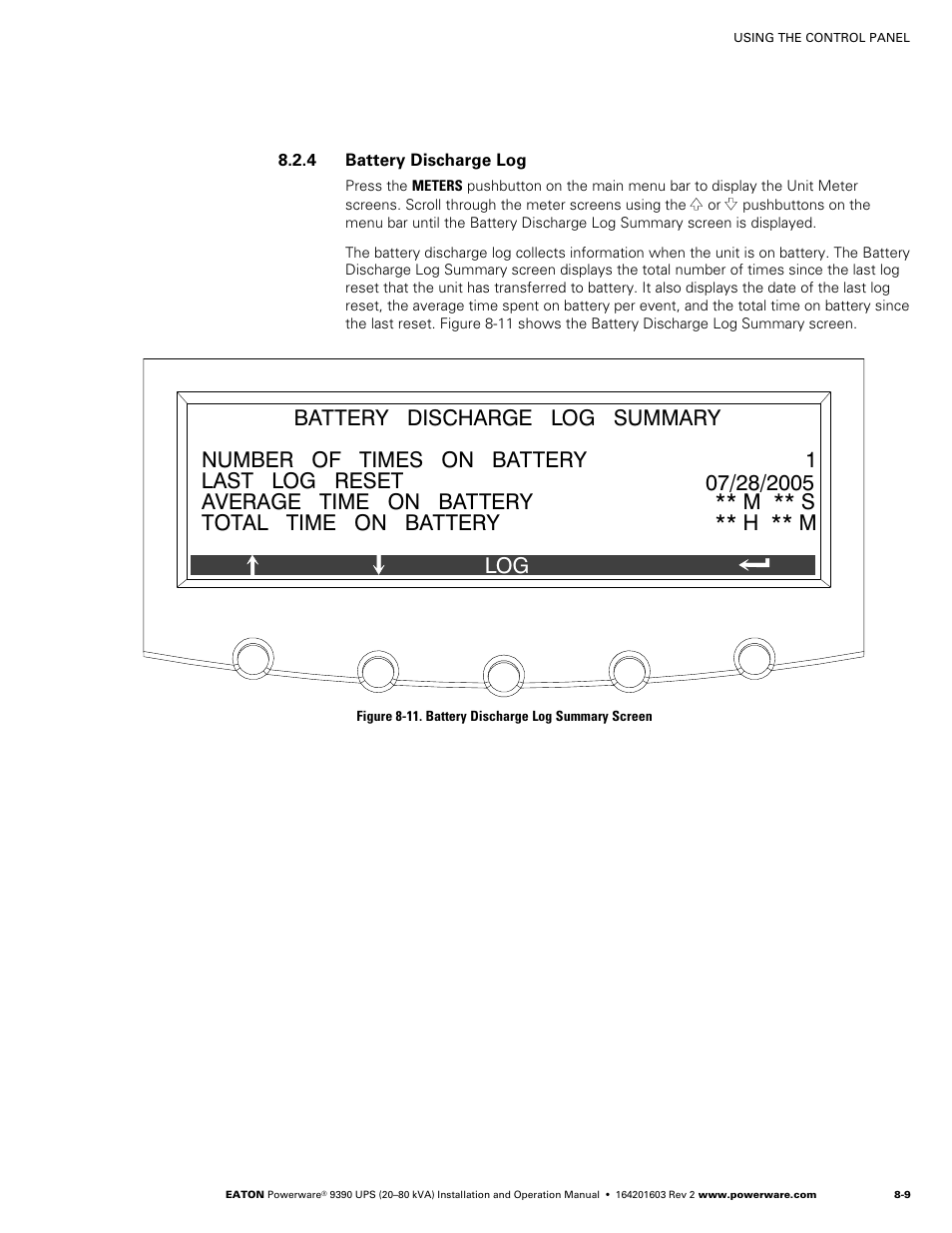Battery discharge log, Figure 8‐11. battery discharge log summary screen | Powerware 9390 UPS 100160 kVA User Manual | Page 75 / 216