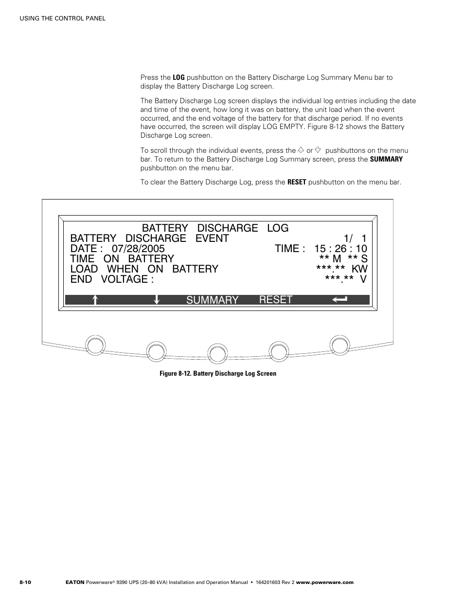 Figure 8‐12. battery discharge log screen | Powerware 9390 UPS 100160 kVA User Manual | Page 76 / 216
