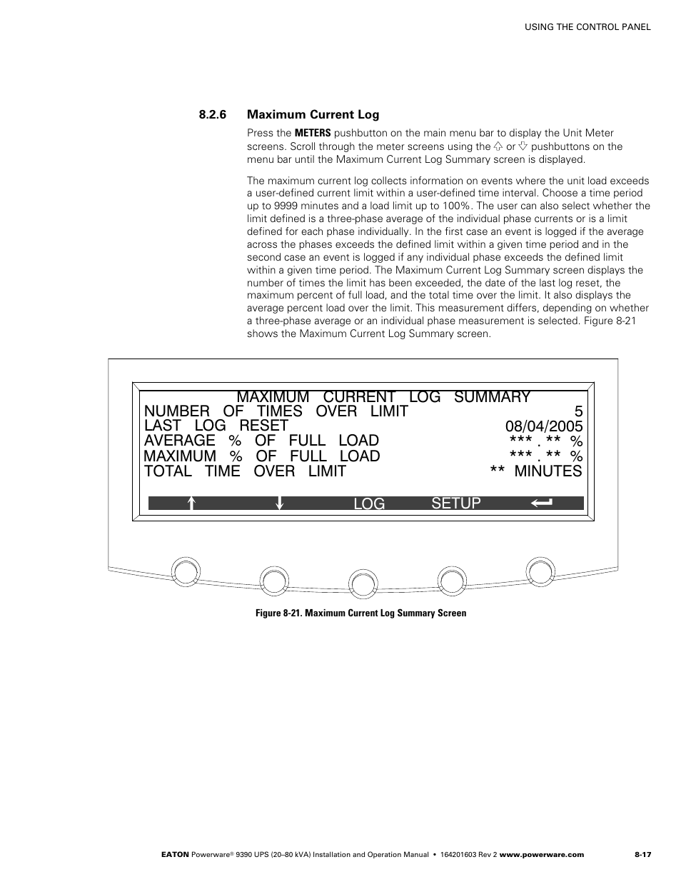Maximum current log, Figure 8‐21. maximum current log summary screen | Powerware 9390 UPS 100160 kVA User Manual | Page 83 / 216