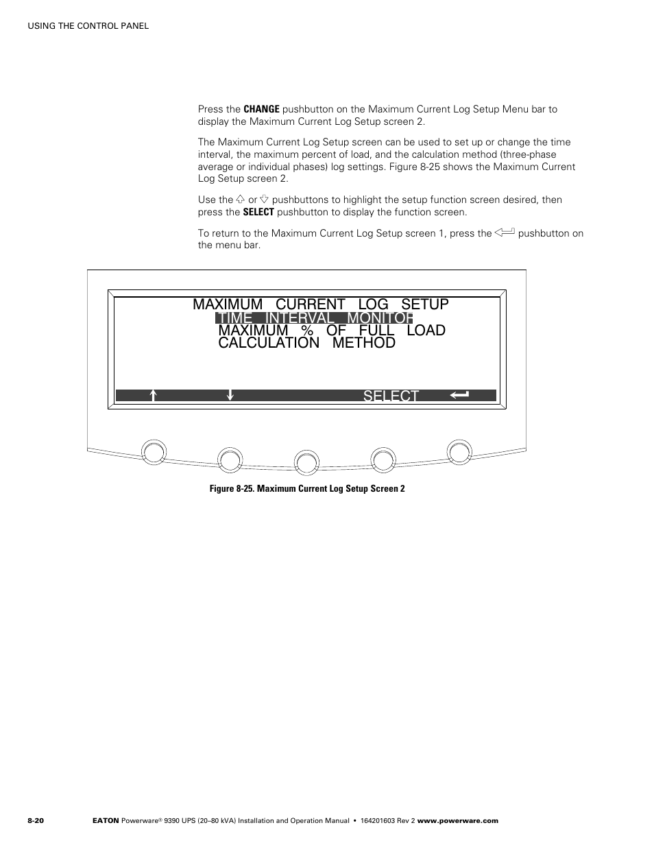 Figure 8‐25. maximum current log setup screen 2 | Powerware 9390 UPS 100160 kVA User Manual | Page 86 / 216