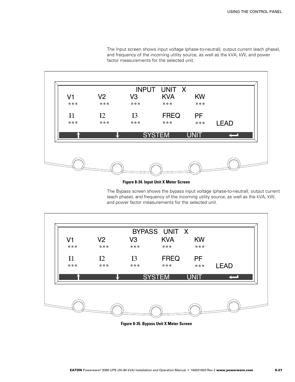 Figure 8‐34. input unit x meter screen, Figure 8‐35. bypass unit x meter screen | Powerware 9390 UPS 100160 kVA User Manual | Page 93 / 216