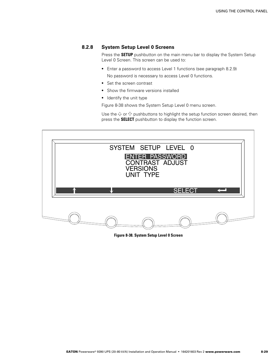 System setup level 0 screens, Figure 8‐38. system setup level 0 screen | Powerware 9390 UPS 100160 kVA User Manual | Page 95 / 216