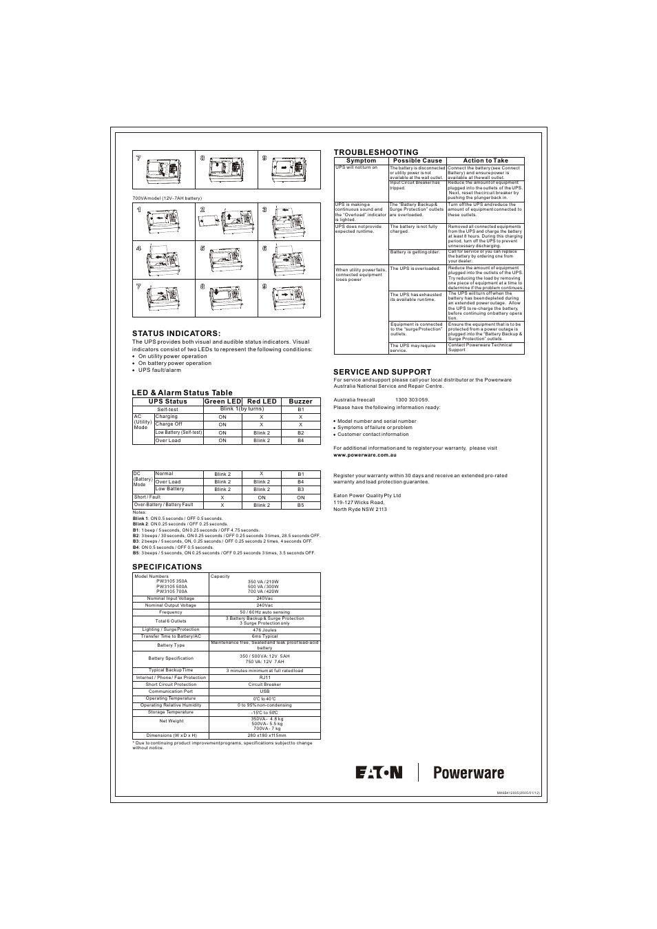 Specifications, Troubleshooting, Service and support | Status indicators, Led & alarm status table | Powerware 3105 User Manual | Page 2 / 2