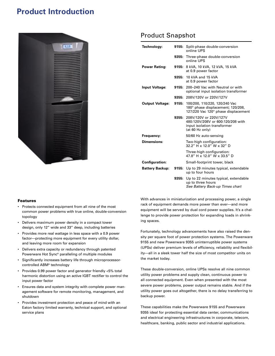 Product introduction, Product snapshot | Powerware 9155 User Manual | Page 2 / 10