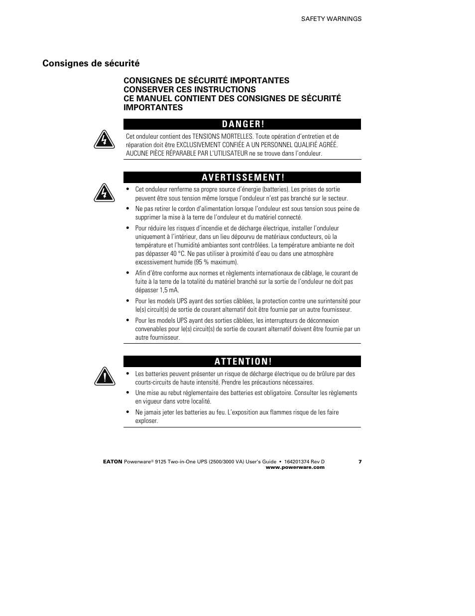 Consignes de sécurité | Powerware 9125 Two-in-One UPS 2500 User Manual | Page 13 / 78