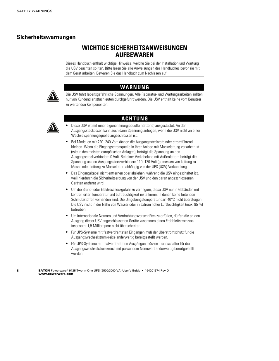 Wichtige sicherheitsanweisungen aufbewaren, Sicherheitswarnungen | Powerware 9125 Two-in-One UPS 2500 User Manual | Page 14 / 78