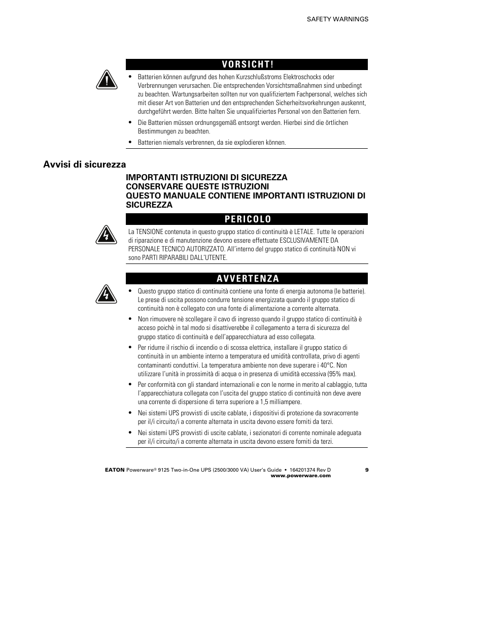 Avvisi di sicurezza | Powerware 9125 Two-in-One UPS 2500 User Manual | Page 15 / 78