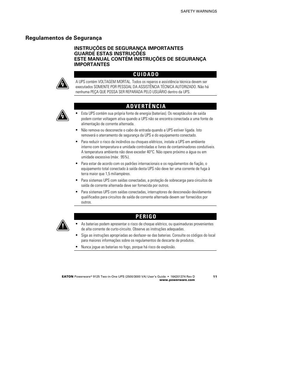 Regulamentos de segurança | Powerware 9125 Two-in-One UPS 2500 User Manual | Page 17 / 78