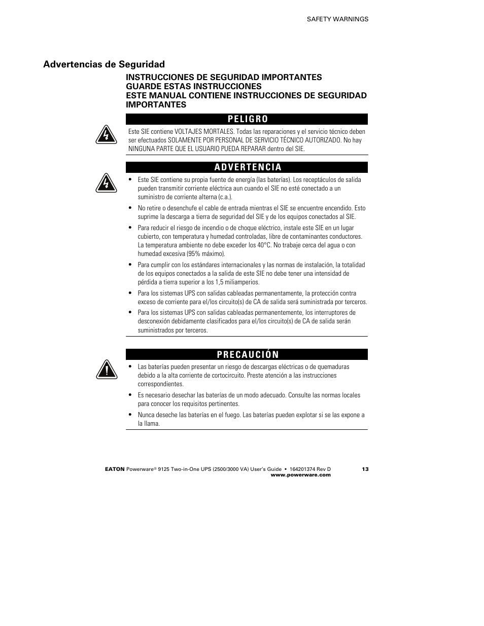 Advertencias de seguridad | Powerware 9125 Two-in-One UPS 2500 User Manual | Page 19 / 78
