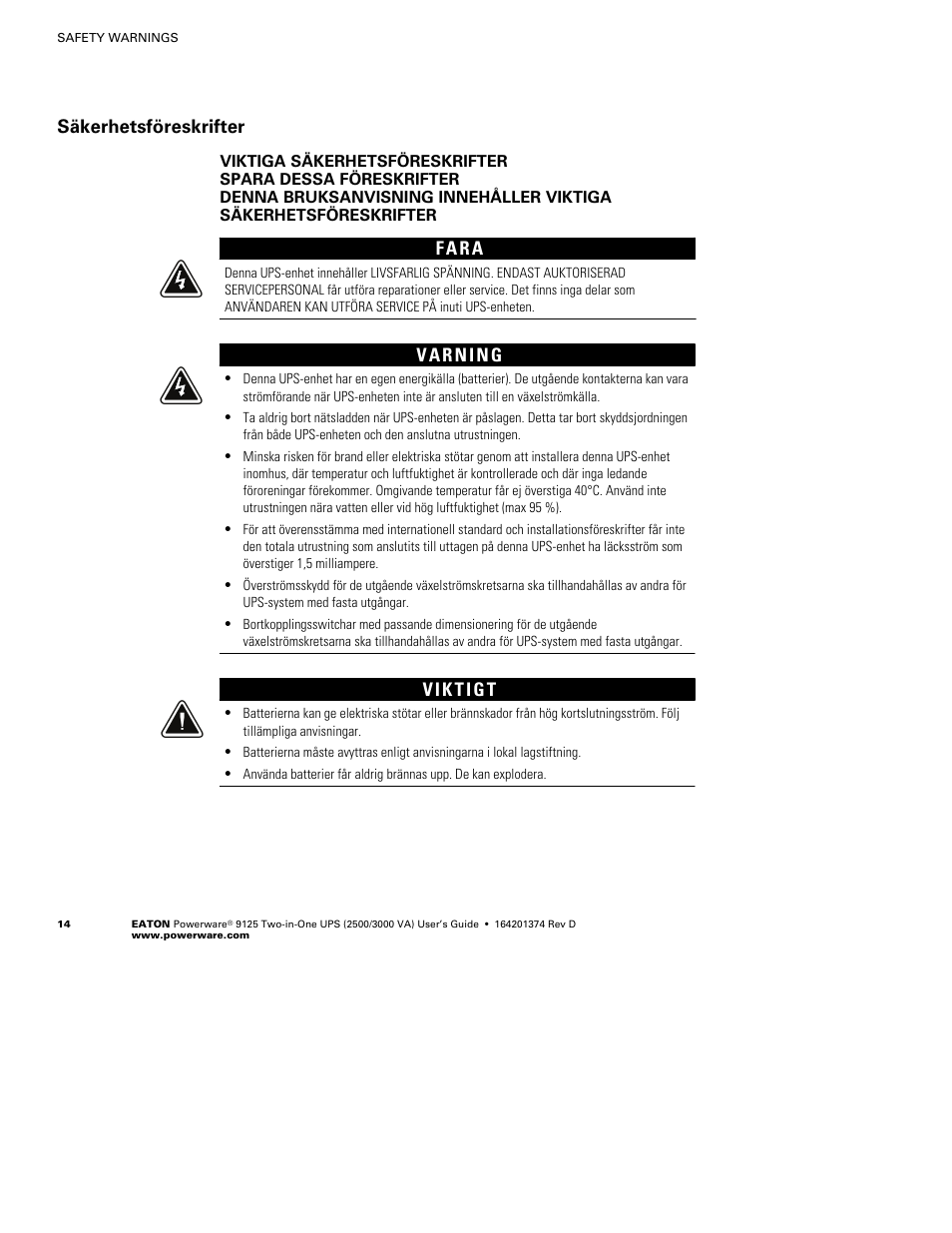 Säkerhetsföreskrifter, F a r a | Powerware 9125 Two-in-One UPS 2500 User Manual | Page 20 / 78