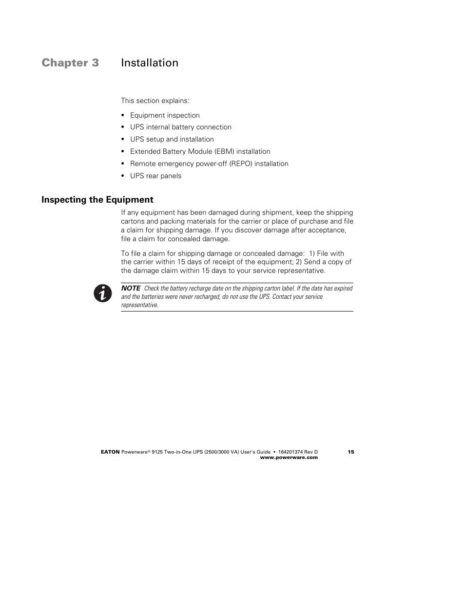 Chapter 3 installation, Inspecting the equipment | Powerware 9125 Two-in-One UPS 2500 User Manual | Page 21 / 78
