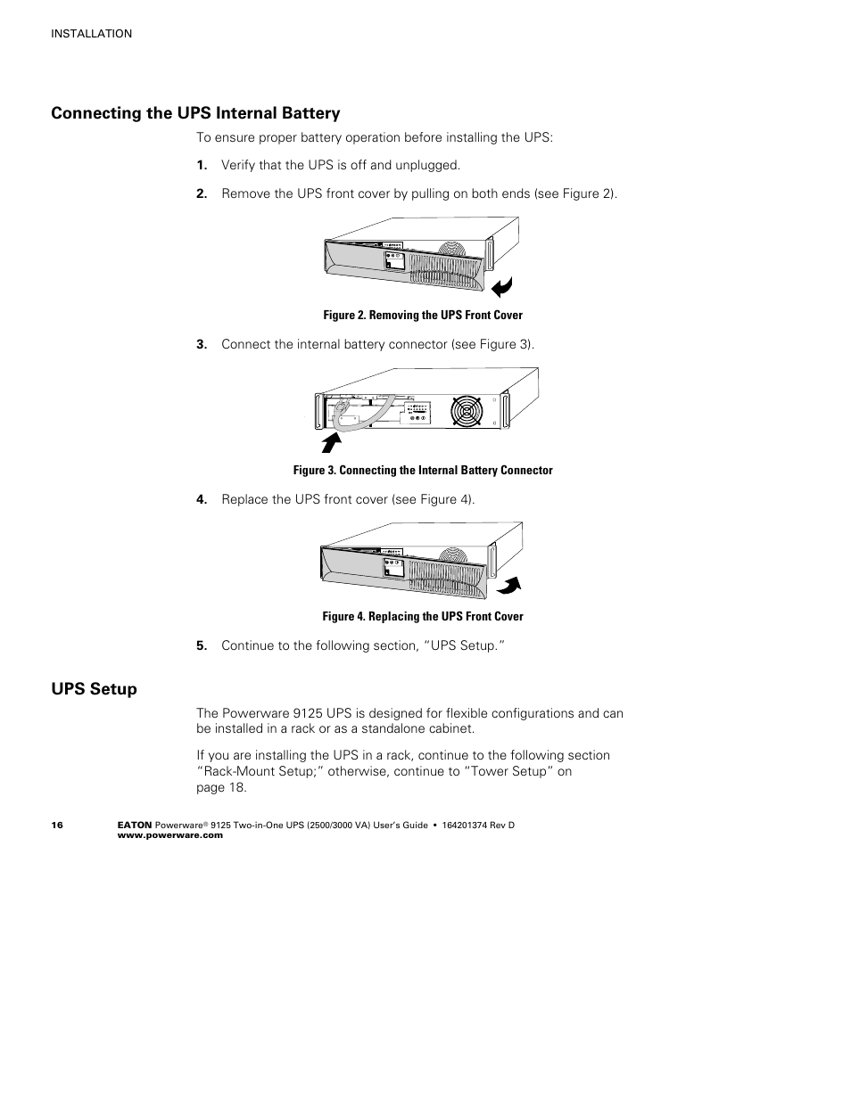 Connecting the ups internal battery, Ups setup | Powerware 9125 Two-in-One UPS 2500 User Manual | Page 22 / 78