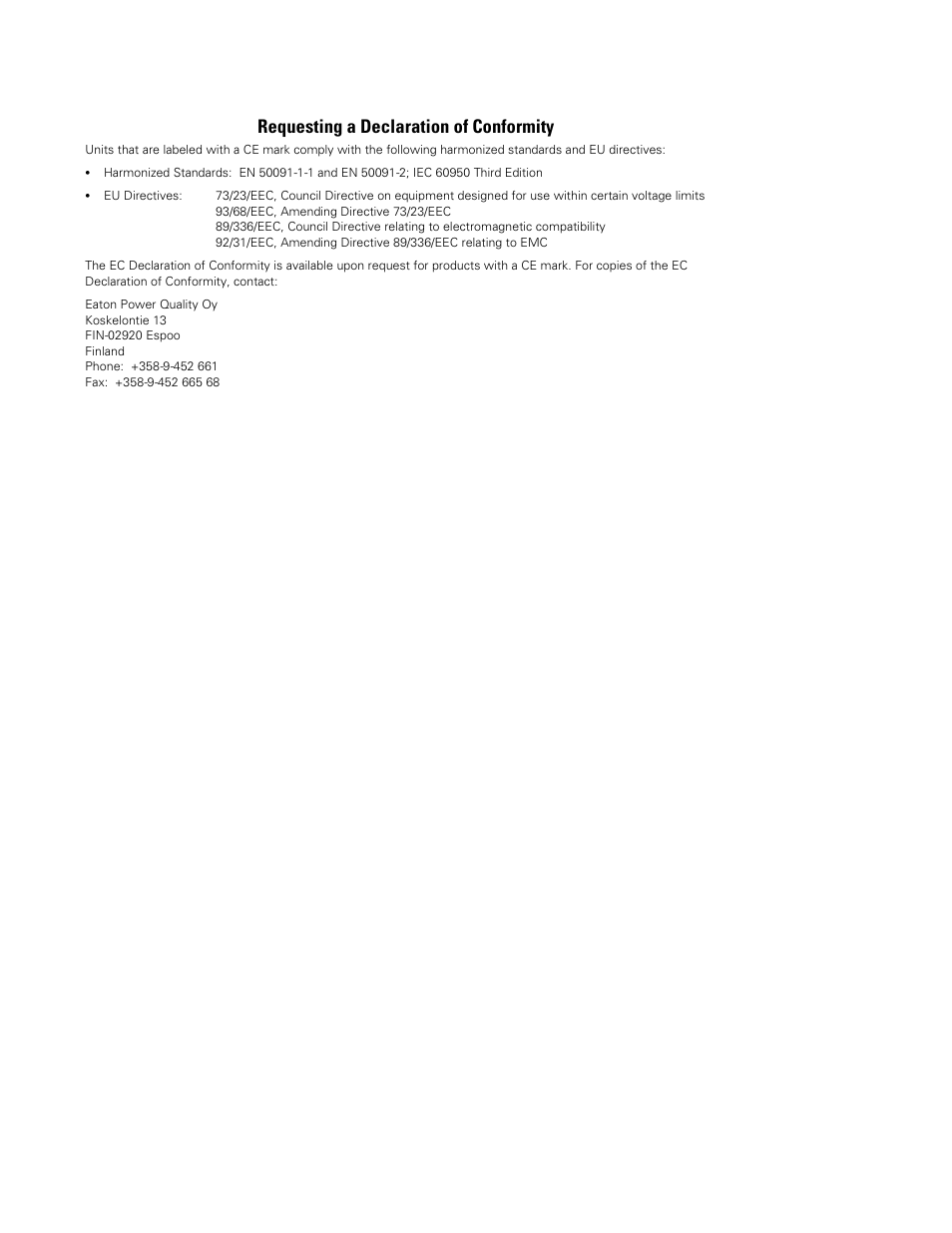 Requesting a declaration of conformity | Powerware 9125 Two-in-One UPS 2500 User Manual | Page 3 / 78