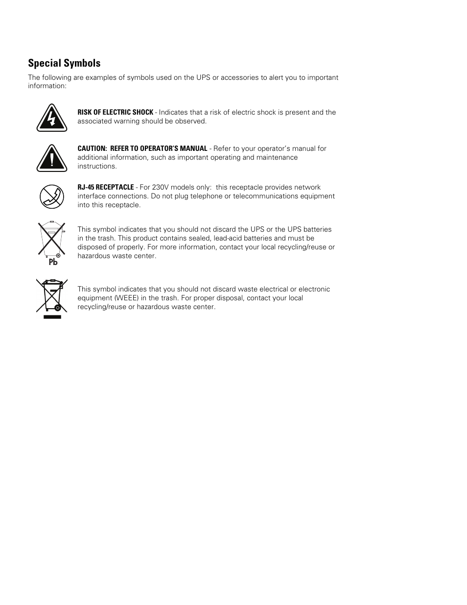 Special symbols | Powerware 9125 Two-in-One UPS 2500 User Manual | Page 4 / 78
