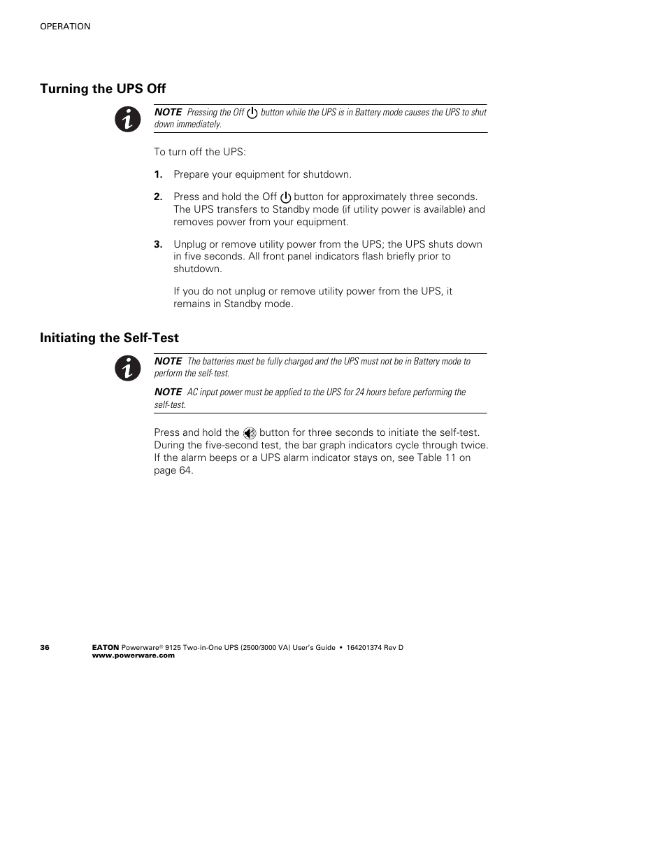 Turning the ups off, Initiating the self-test | Powerware 9125 Two-in-One UPS 2500 User Manual | Page 42 / 78