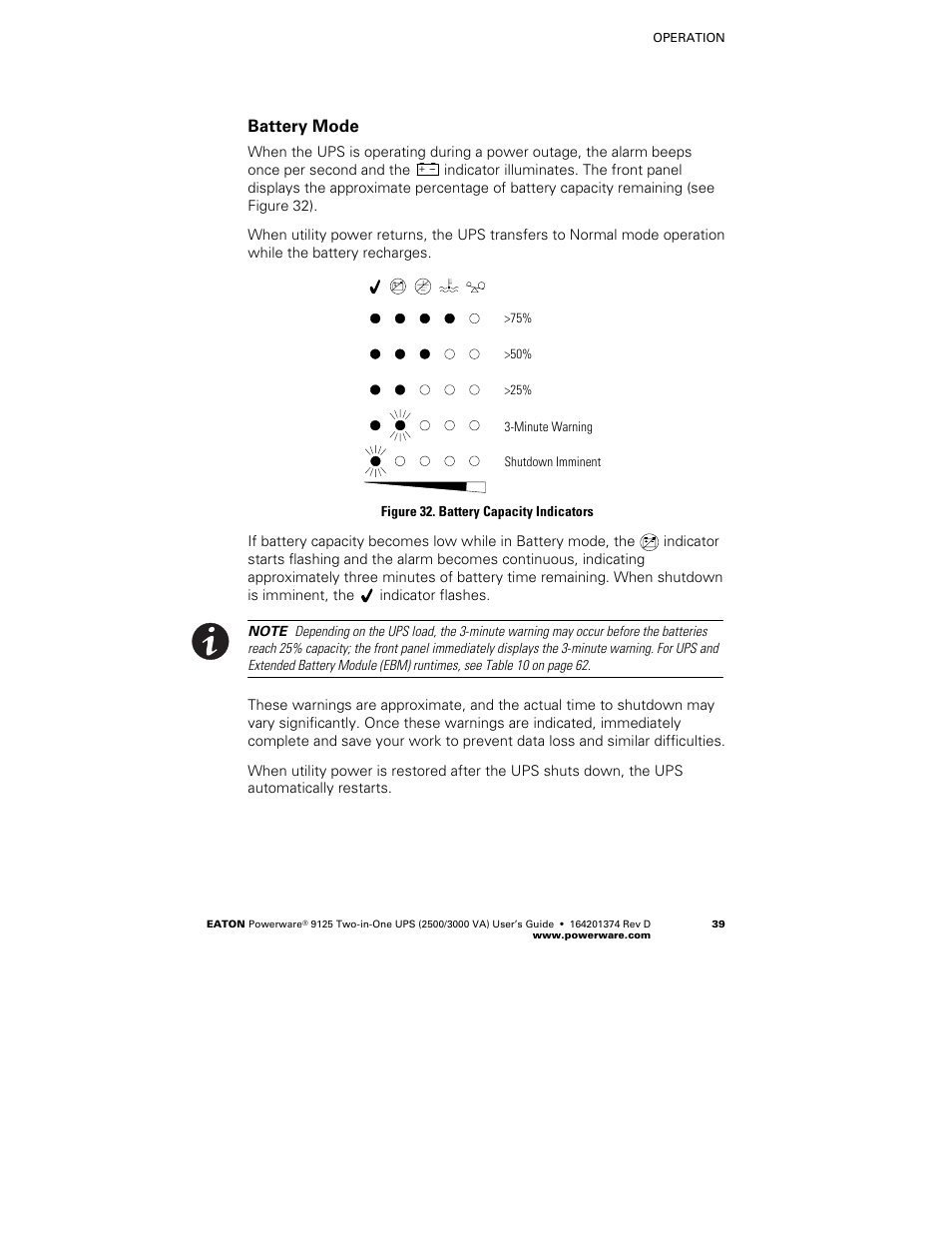 Battery mode | Powerware 9125 Two-in-One UPS 2500 User Manual | Page 45 / 78