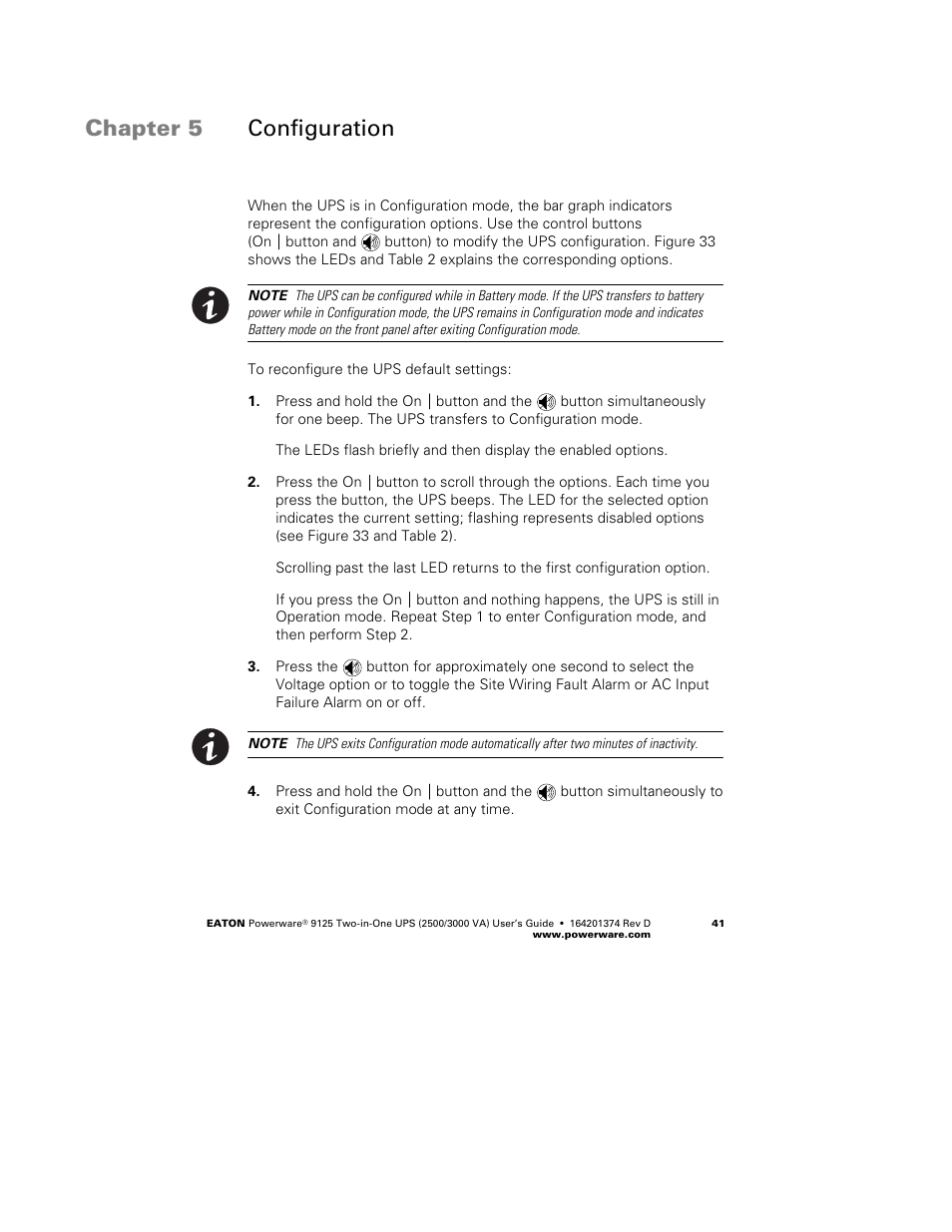 Chapter 5 configuration | Powerware 9125 Two-in-One UPS 2500 User Manual | Page 47 / 78