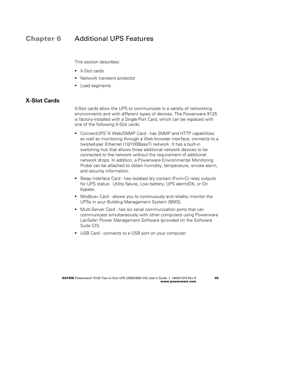 Chapter 6 additional ups features, X-slot cards | Powerware 9125 Two-in-One UPS 2500 User Manual | Page 51 / 78