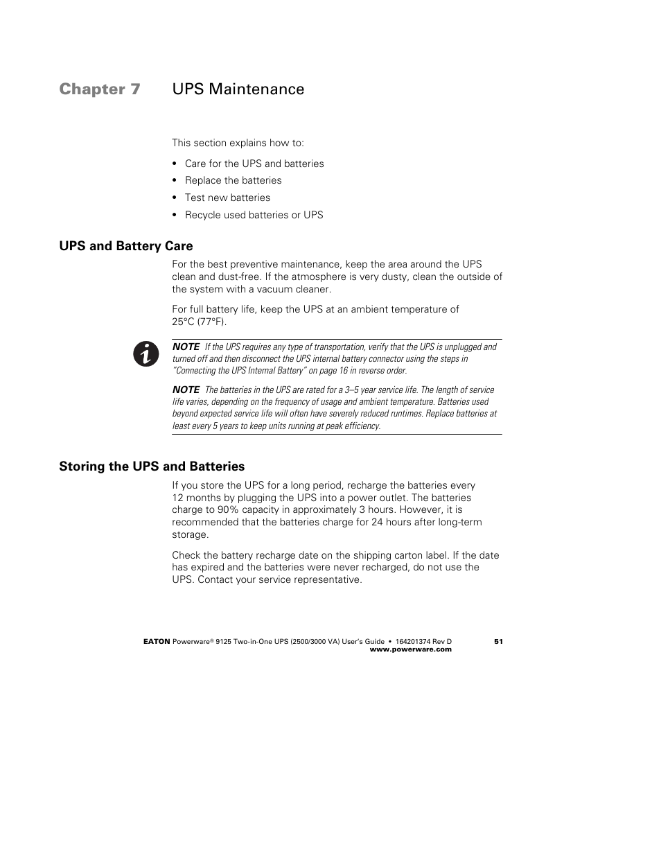 Chapter 7 ups maintenance, Ups and battery care, Storing the ups and batteries | Powerware 9125 Two-in-One UPS 2500 User Manual | Page 57 / 78