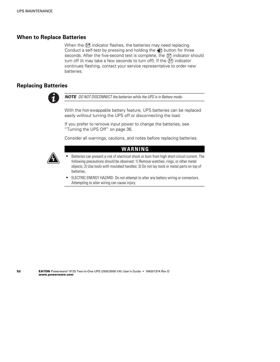 When to replace batteries, Replacing batteries | Powerware 9125 Two-in-One UPS 2500 User Manual | Page 58 / 78