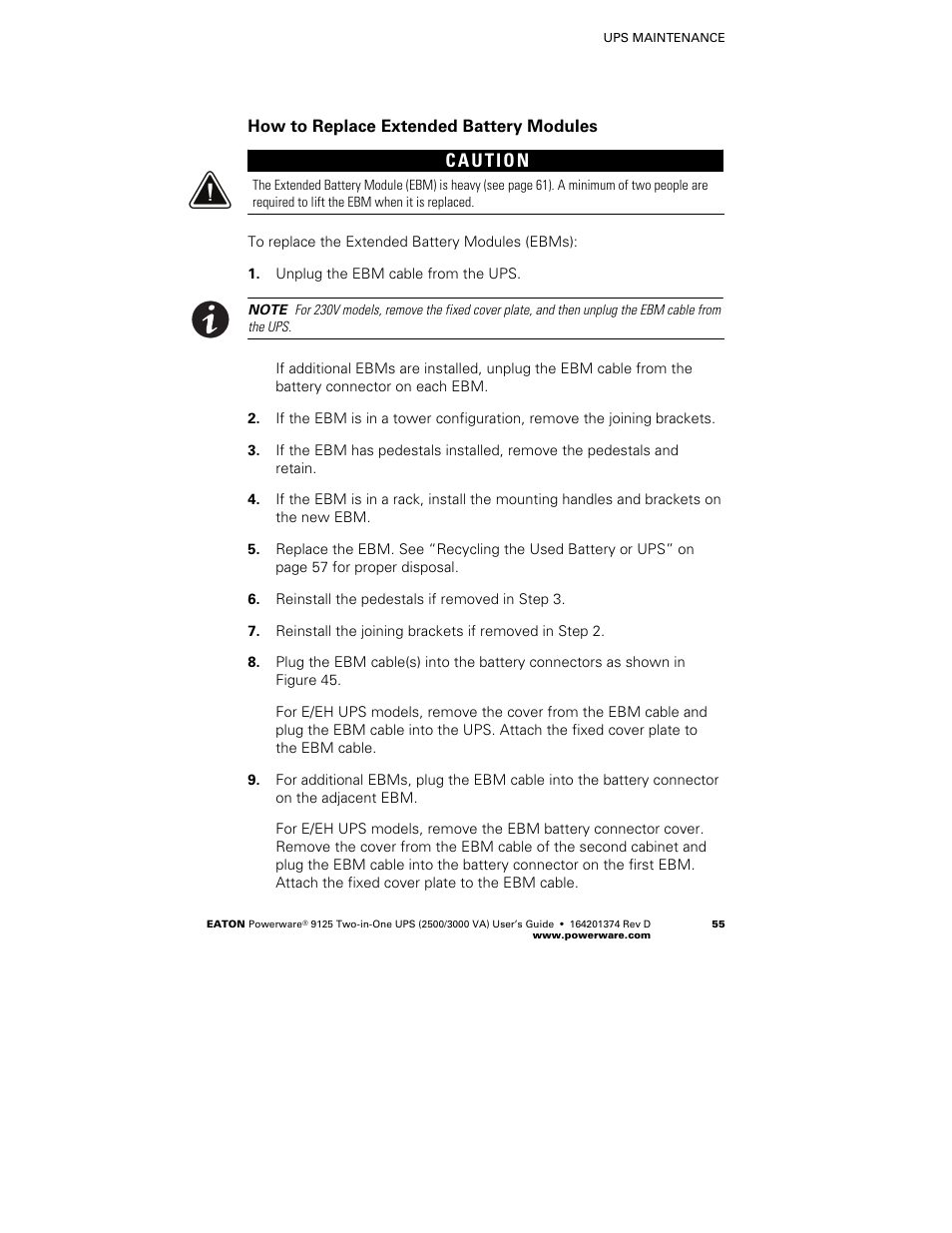 How to replace extended battery modules | Powerware 9125 Two-in-One UPS 2500 User Manual | Page 61 / 78