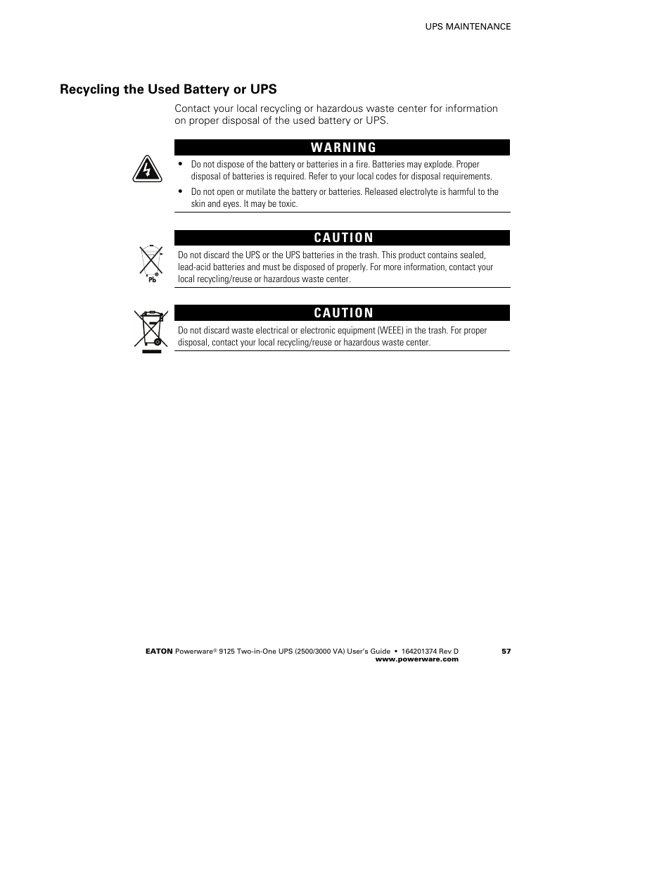 Recycling the used battery or ups | Powerware 9125 Two-in-One UPS 2500 User Manual | Page 63 / 78