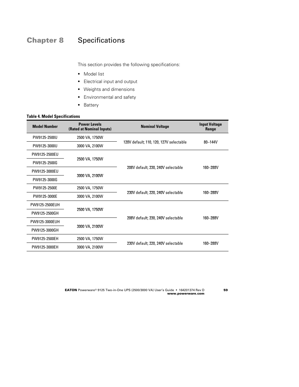 Chapter 8 specifications | Powerware 9125 Two-in-One UPS 2500 User Manual | Page 65 / 78