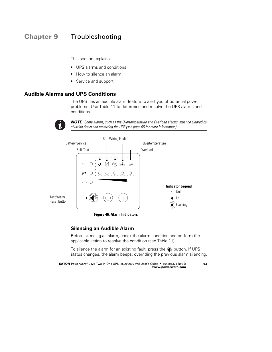 Chapter 9 troubleshooting, Audible alarms and ups conditions | Powerware 9125 Two-in-One UPS 2500 User Manual | Page 69 / 78