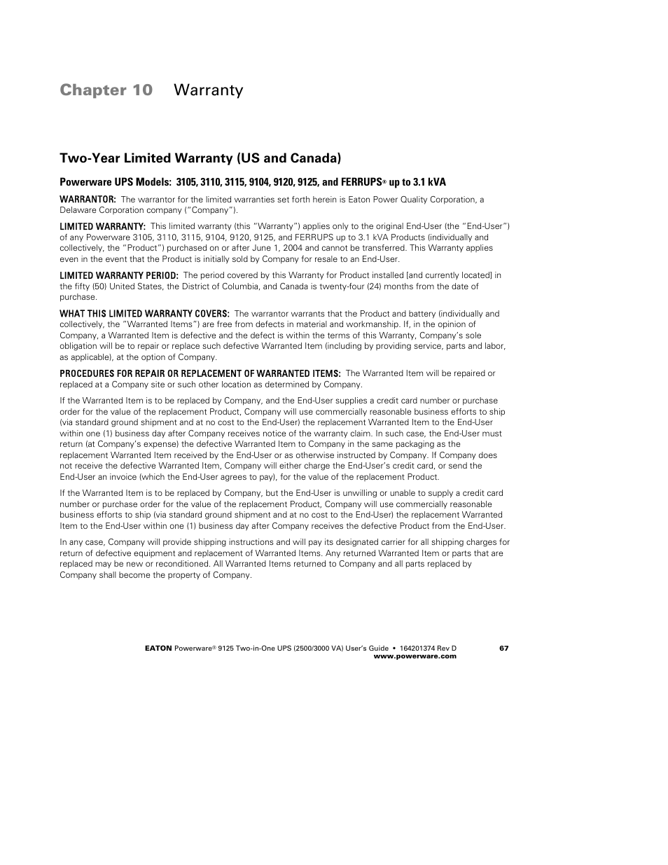 Chapter 10 warranty, Two-year limited warranty (us and canada) | Powerware 9125 Two-in-One UPS 2500 User Manual | Page 73 / 78