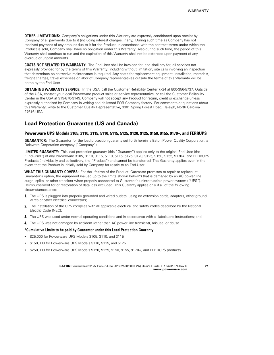 Load protection guarantee (us and canada) | Powerware 9125 Two-in-One UPS 2500 User Manual | Page 77 / 78