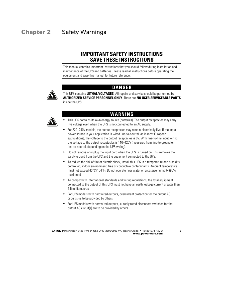 Chapter 2 safety warnings | Powerware 9125 Two-in-One UPS 2500 User Manual | Page 9 / 78