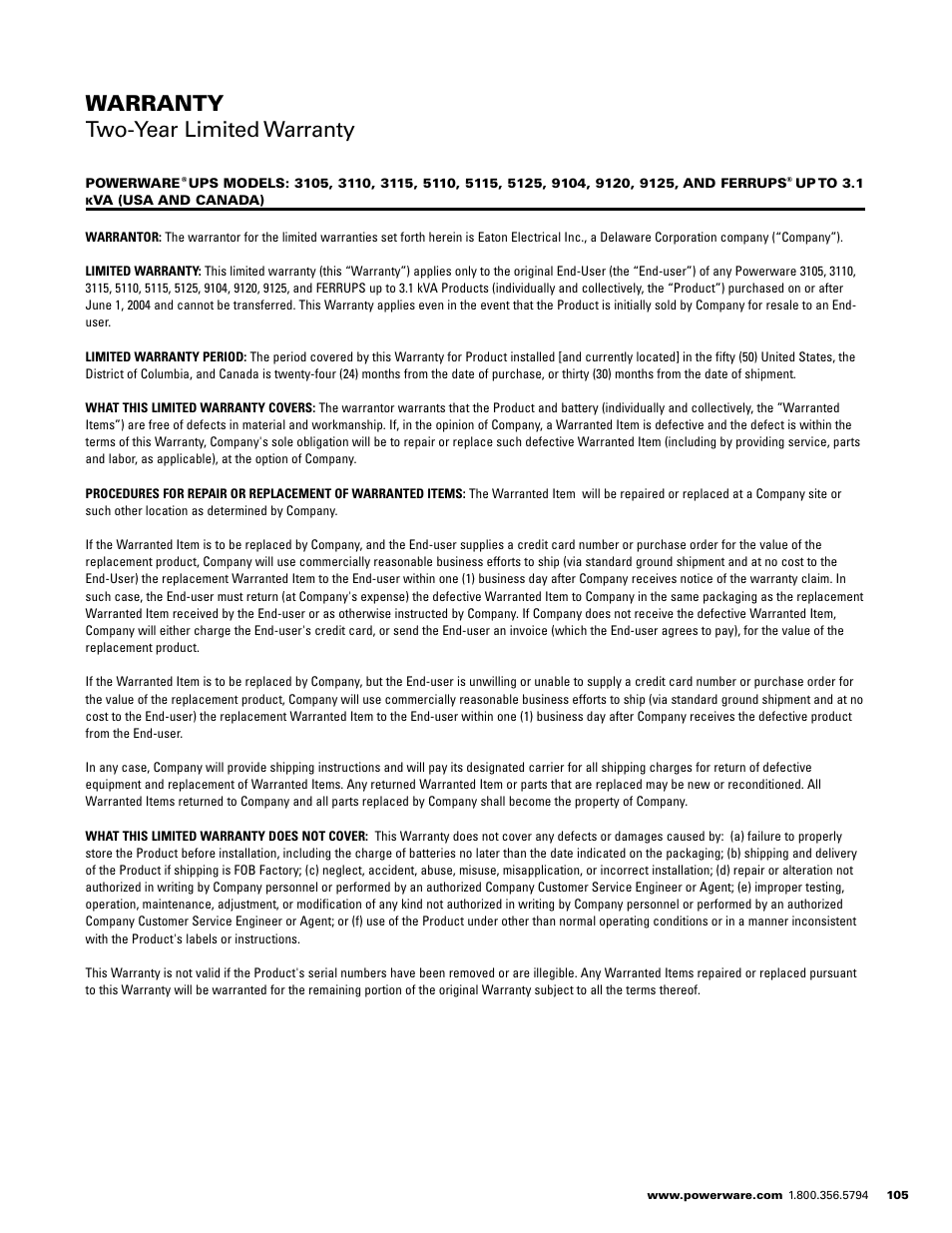 Warranty two-year limited warranty | Powerware E.T.N 1500 VA - 60kVa User Manual | Page 107 / 120