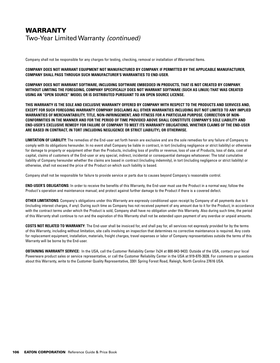 Warranty two-year limited warranty (continued) | Powerware E.T.N 1500 VA - 60kVa User Manual | Page 108 / 120