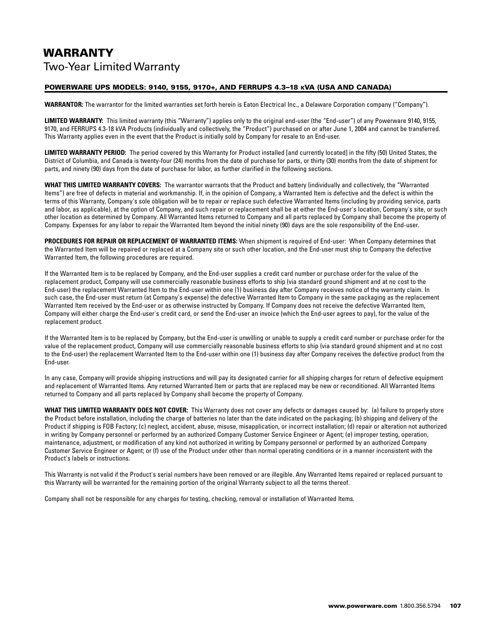 Warranty two-year limited warranty | Powerware E.T.N 1500 VA - 60kVa User Manual | Page 109 / 120