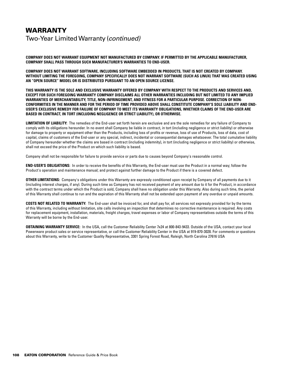 Warranty two-year limited warranty ( continued) | Powerware E.T.N 1500 VA - 60kVa User Manual | Page 110 / 120