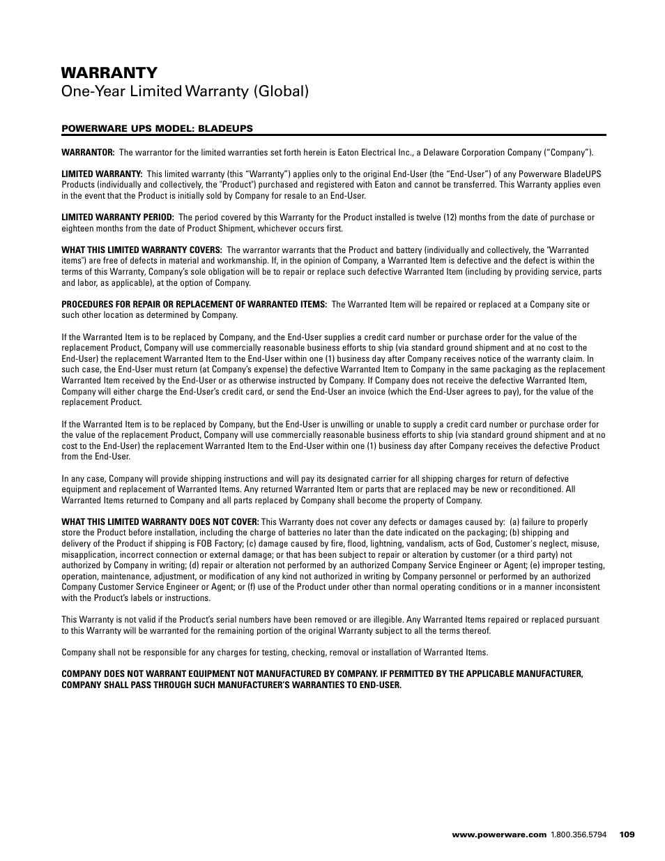 Warranty one-year limited warranty (global) | Powerware E.T.N 1500 VA - 60kVa User Manual | Page 111 / 120