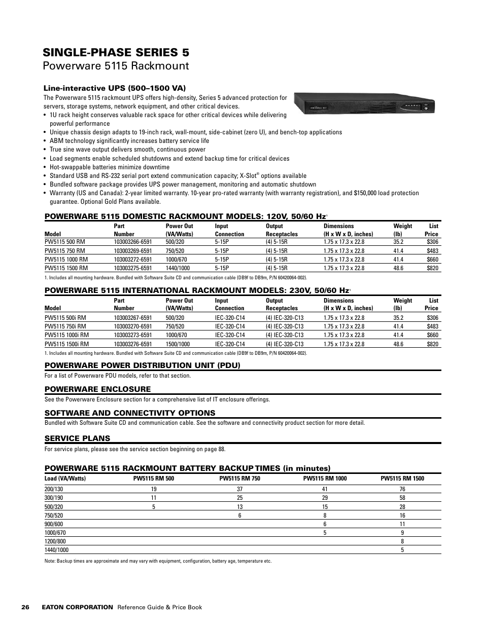 Single-phase series  powerware 5115 rackmount | Powerware E.T.N 1500 VA - 60kVa User Manual | Page 28 / 120
