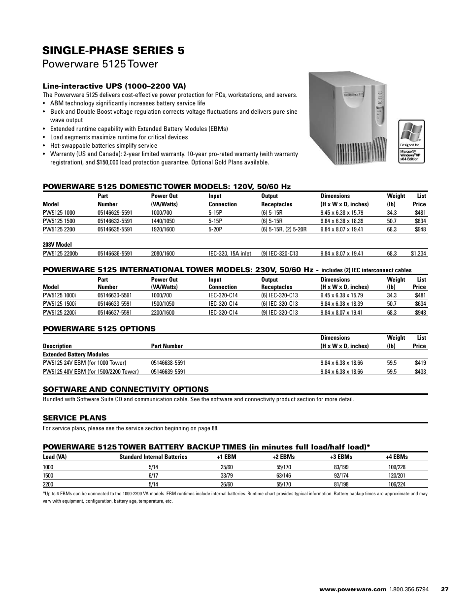 Single-phase series  powerware 5125 tower | Powerware E.T.N 1500 VA - 60kVa User Manual | Page 29 / 120