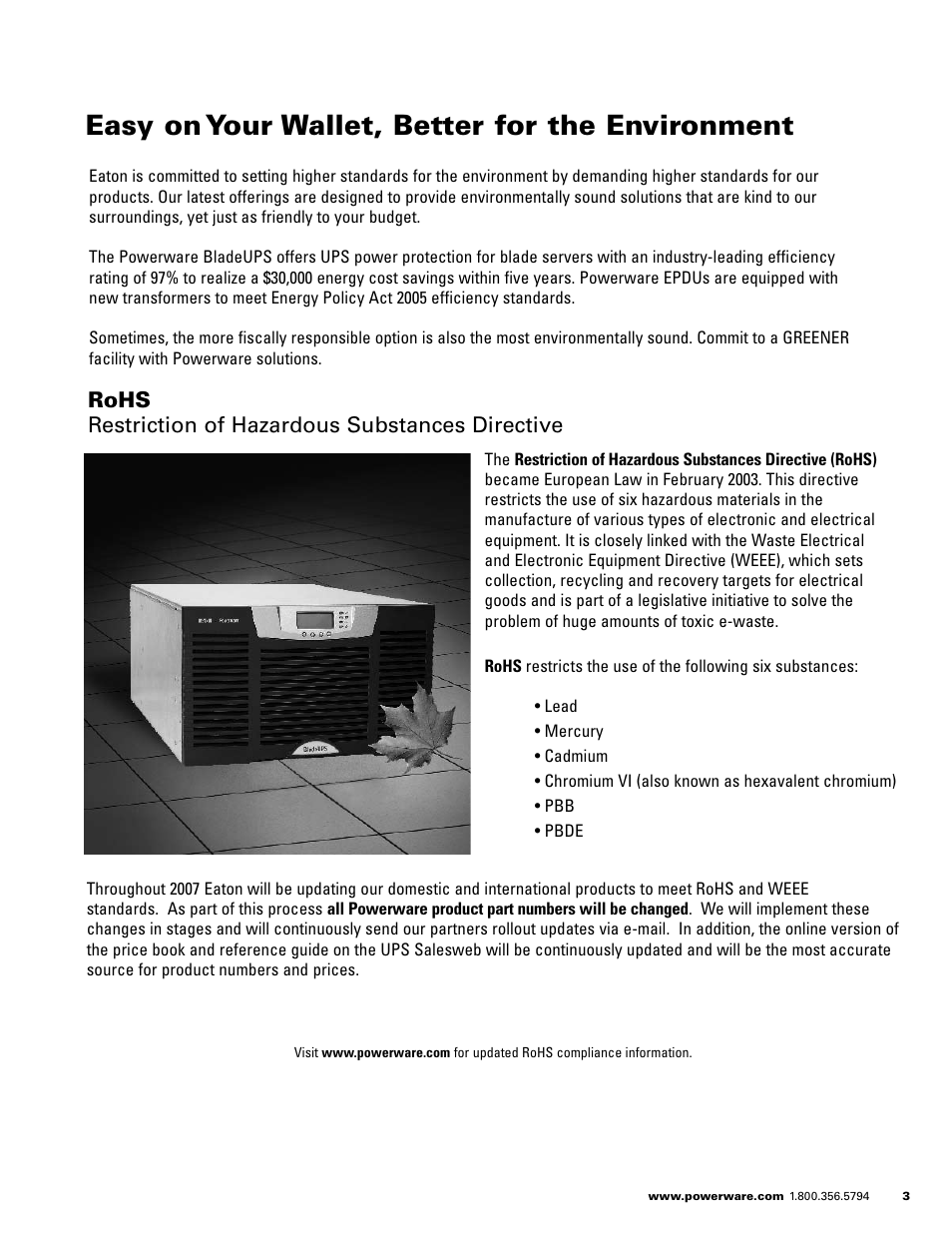 Easy on your wallet, better for the environment, Rohs restriction of hazardous substances directive | Powerware E.T.N 1500 VA - 60kVa User Manual | Page 5 / 120