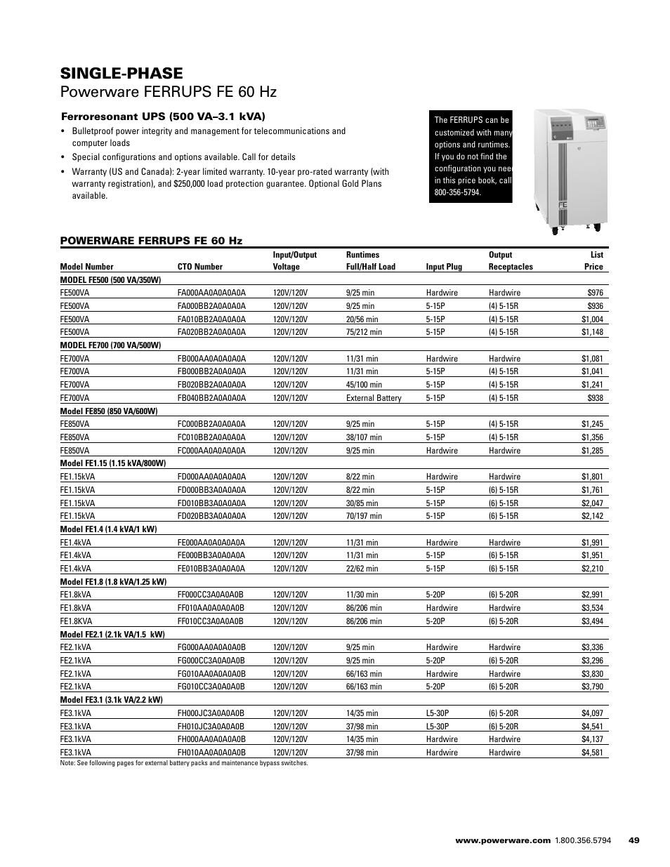 Single-phase powerware ferrups fe 60 hz | Powerware E.T.N 1500 VA - 60kVa User Manual | Page 51 / 120