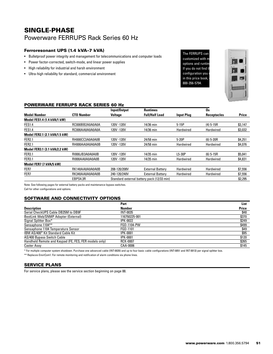 Single-phase powerware ferrups rack series 60 hz | Powerware E.T.N 1500 VA - 60kVa User Manual | Page 53 / 120