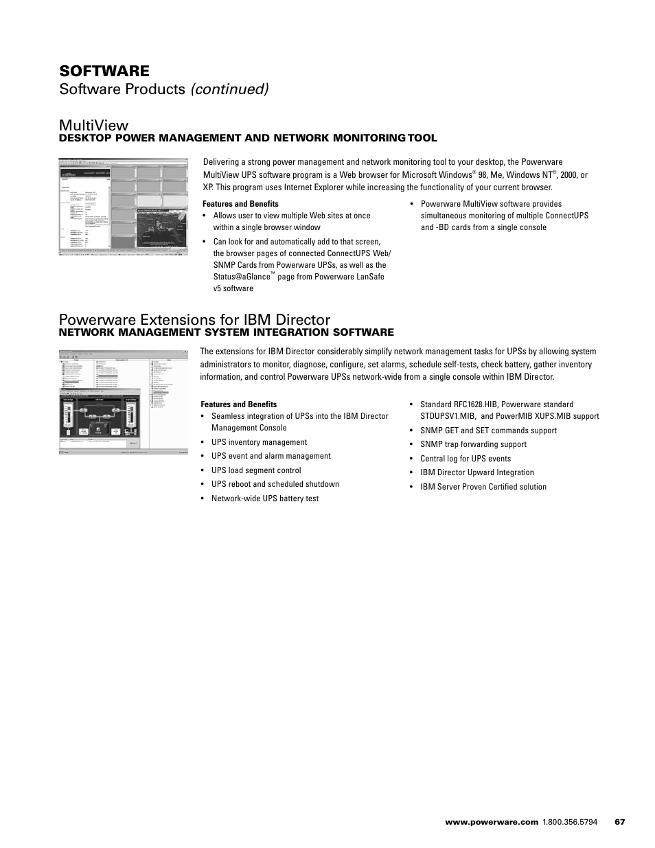 Software software products (continued) multiview, Powerware extensions for ibm director | Powerware E.T.N 1500 VA - 60kVa User Manual | Page 69 / 120