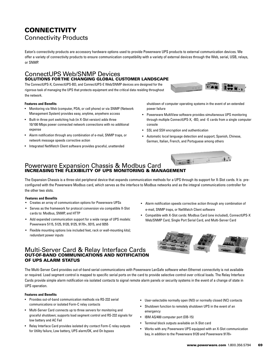 Connectups web/snmp devices, Powerware expansion chassis & modbus card, Multi-server card & relay interface cards | Connectivity connectivity products | Powerware E.T.N 1500 VA - 60kVa User Manual | Page 71 / 120